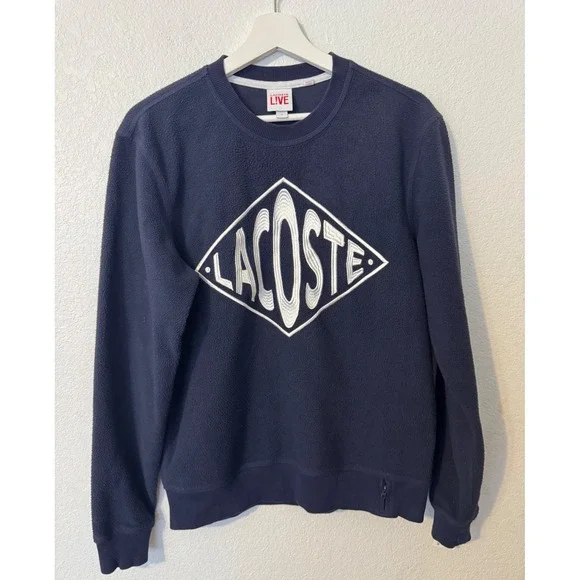 Lacoste LIVE Fleece Sweatshirt Diamond Logo Pullover Navy Blue Mens - Picture 1 of 10